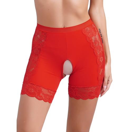 ranrann Damen Slip Ouvert Offener Schritt Unterhose Briefs Höschen Boxershorts Sexy Spitzen Shorts Erotik Unterwäsche Dessous Reizwäsche Durchsichtig Rot W XL von ranrann