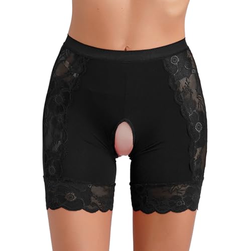 ranrann Damen Slip Ouvert Offener Schritt Unterhose Briefs Höschen Boxershorts Sexy Spitzen Shorts Erotik Unterwäsche Dessous Reizwäsche Durchsichtig Schwarz W XXL von ranrann