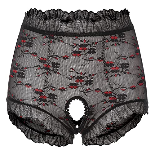 ranrann Damen Slip Ouvert Offener Schritt Unterhose Briefs Höschen Boxershorts Sexy Spitzen Shorts Erotik Unterwäsche Dessous Reizwäsche Durchsichtig Schwarz X L von ranrann