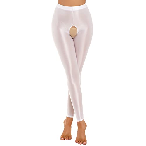 ranrann Damen Strumpfhose Sexy Erotisch Lange Unterhose Leggings Glänzend Pantyhose Ouvert Dessous Unterwäsche Nylon Strümpfe Stretch A Weiß L von ranrann