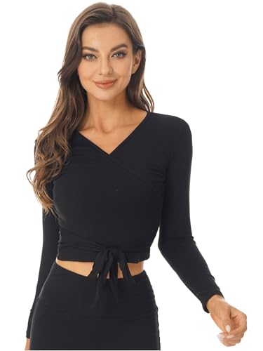 ranrann Damen Tanzjacke Ballett Oberteil Tanztop Wickeljacke Strickjacke Bolero Langarm Cardigan Ballettjacke Training Tanz Outfits Schwarz M von ranrann