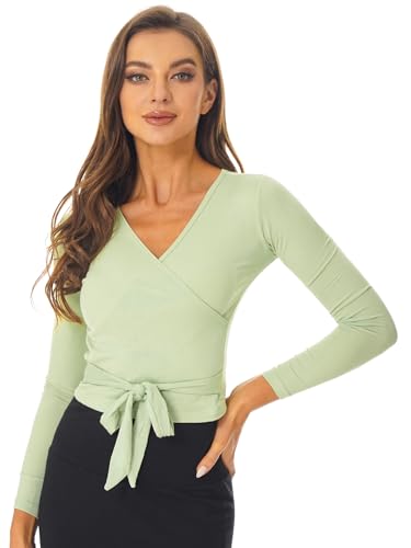 ranrann Damen Tanzjacke Ballett Oberteil Tanztop Wickeljacke Strickjacke Bolero Langarm Cardigan Ballettjacke Training Tanz Outfits Hellgrün XL von ranrann