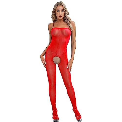 ranrann Damen Transparent Bodystocking im Schritt offen Strumpfhose Stretch Ouvert Catsuit Dessous Overall Ganzkörper Bodysuit Reizwäsche B Rot_Schritt Offen One Size von ranrann