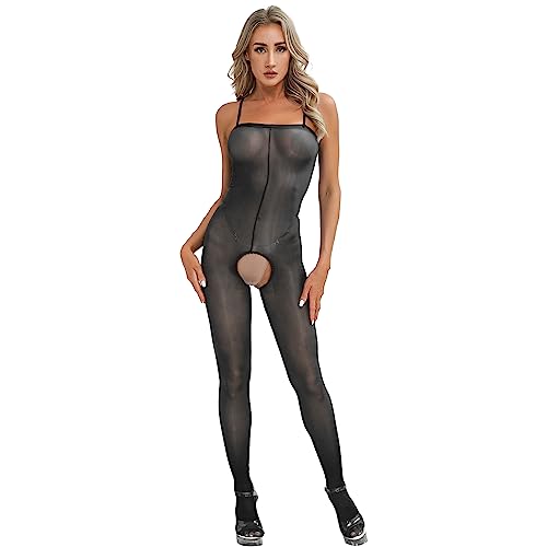 ranrann Damen Transparent Bodystocking im Schritt offen Strumpfhose Stretch Ouvert Catsuit Dessous Overall Ganzkörper Bodysuit Reizwäsche B Schwarz_Schritt Offen One Size von ranrann