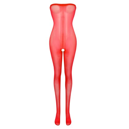 ranrann Damen Transparent Bodystocking im Schritt offen Strumpfhose Stretch Ouvert Catsuit Dessous Overall Ganzkörper Bodysuit Reizwäsche Rot One Size von ranrann