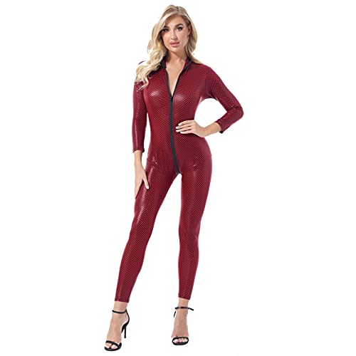 ranrann Damen Wetlook Kleidung Bodysuit Einteiler Body Overall Catsuit Lackleder Jumpsuit Zipper Ganzkörper Anzug Sexy Unterwäsche Nachtwäsche Clubwear Rot_Kariert S von ranrann