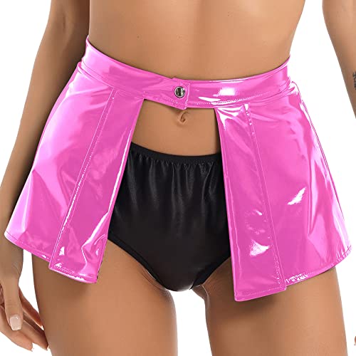 ranrann Damen Wetlook Rock Minirock Sexy Hollow Out Partyrock Skaterrock Kurz Lack Leder Skirt Tanz Gogo Party Clubwear Hot Pink XXL von ranrann