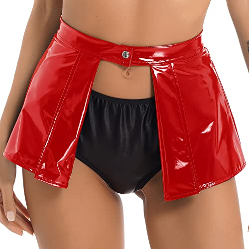 ranrann Damen Wetlook Rock Minirock Sexy Hollow Out Partyrock Skaterrock Kurz Lack Leder Skirt Tanz Gogo Party Clubwear Rot L von ranrann