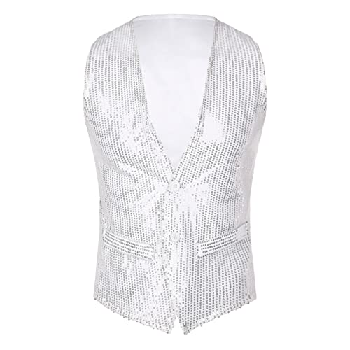 ranrann Herren Pailletten Weste Ärmellos Jacke Mantel Anzugweste Erwachsene Disco Tanz Silvester Fasching Karneval Kostüm Weiß B 4XL von ranrann