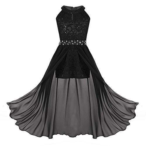 ranrann Festliches Kleid Mädchen Hochzeit Party Kleid Blumenmädchen Prinzessin Kleid Kinder Spitze Festzug Kommunion Kleid Neckholder Abendkleid 6-14 Jahre Schwarz 140/10 Jahre von ranrann