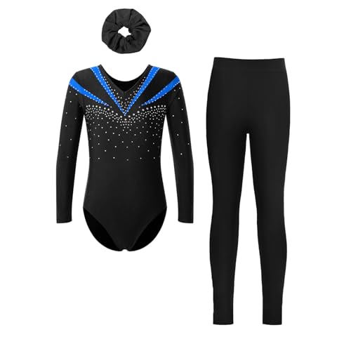 ranrann Gymnastikanzug Mädchen Langarm Gymnastikbody mit Lange Leggings Sporthose Haargummi Kinder Turnanzug Ballettkleidung Blau Schwarz 170 von ranrann