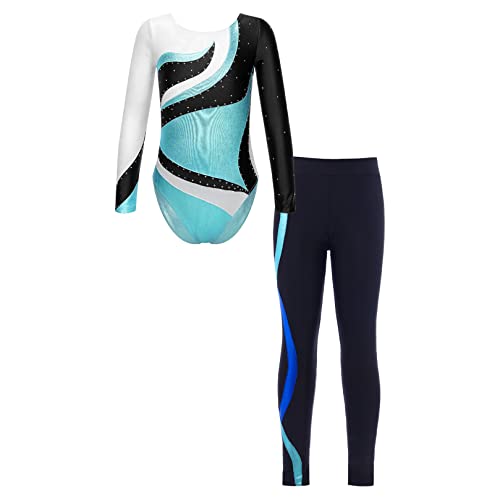 ranrann Gymnastikanzug Mädchen Langarm Trikot Body mit Hose Lange Leggins Eng Turnanzug Trikotanzug Kinder Tanzkleidung Ballett Turnen B Blau 158-164 von ranrann