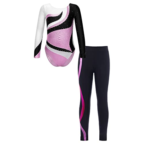 ranrann Gymnastikanzug Mädchen Langarm Trikot Body mit Hose Lange Leggins Eng Turnanzug Trikotanzug Kinder Tanzkleidung Ballett Turnen B Rosa 122-128 von ranrann