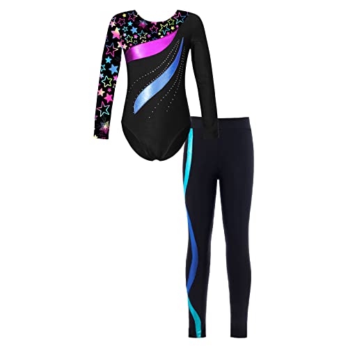 ranrann Gymnastikanzug Mädchen Langarm Trikot Body mit Hose Lange Leggins Eng Turnanzug Trikotanzug Kinder Tanzkleidung Ballett Turnen D Sterne Schwarz&Blau 134-140 von ranrann