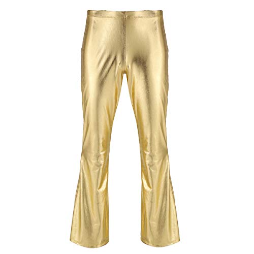 ranrann Herren 70er Jahre Glänzende Schlaghose Tanzhose Lange Hose Pants aus Kunstleder Retro Kostüm für DJ Disco Tanz Show Fasching Silvester Gold L von ranrann