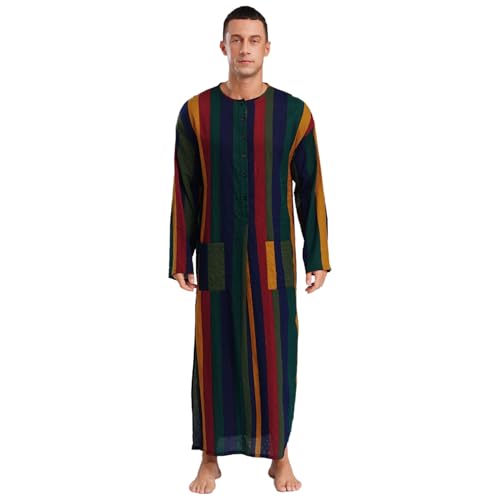 ranrann Herren Arabisch Kaftan Lang Mantel Thobe Langarm Robe Gestreift Baumwolle Nachthemd Lässig Nachtwäsche Rot&Grün L von ranrann