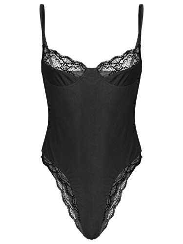 ranrann Herren Bodysuit Einteiler Body Trikot Tank Top Unterwäsche Nachtwäsche mit Spitze Besatz Männer Nachthemd Sissy Dessous Lingerie Schwarz XXL von ranrann