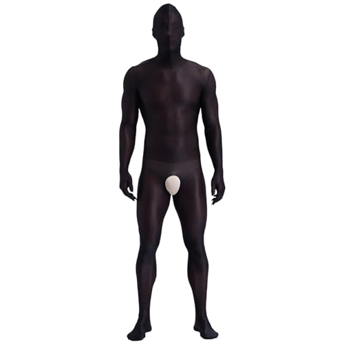 ranrann Herren Ganzkörper Bodystocking Ouvert Nylon Strümpfe im Schritt Offen Overall mit Kopfhaube Durchsichtig Unterwäsche Reizwäsche Schwarz M von ranrann