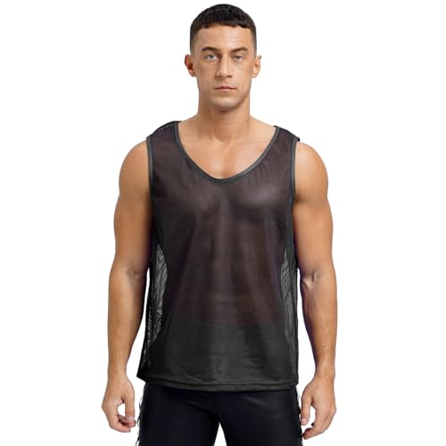 ranrann Herren Mesh Shirt Oberteil Ärmellos Hemd Tank Top Durchsichtig Muskelshirts Loose Fit Männer Sport Gym Training Outfit Schwarz M von ranrann