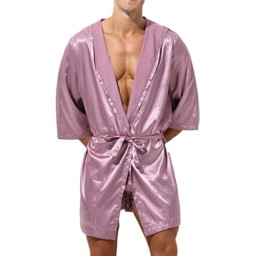 ranrann Herren Satin Pyjama Schlafanzug Kurz/Lang Bademantel Morgenmantel mit Gürtel Sexy Männer Nachthemd Sommer Erotik Nachtwäsche Alte Rosa C_Ohne Shorts M von ranrann