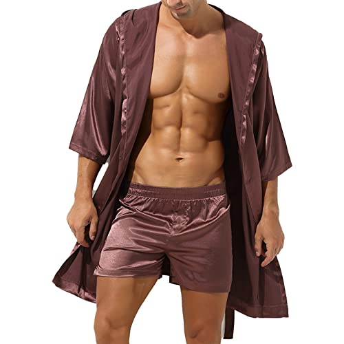 ranrann Herren Satin Pyjama Schlafanzug Kurz/Lang Bademantel Morgenmantel mit Gürtel Sexy Männer Nachthemd Sommer Erotik Nachtwäsche Braun C_Ohne Shorts L von ranrann