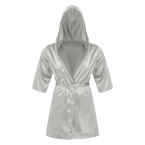 ranrann Herren Satin Pyjama Schlafanzug Kurz/Lang Bademantel Morgenmantel mit Gürtel Sexy Männer Nachthemd Sommer Erotik Nachtwäsche Grau C_Ohne Shorts M von ranrann