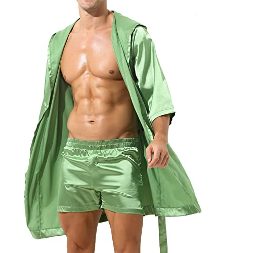 ranrann Herren Satin Pyjama Schlafanzug Kurz/Lang Bademantel Morgenmantel mit Gürtel Sexy Männer Nachthemd Sommer Erotik Nachtwäsche Grün C_Ohne Shorts L von ranrann