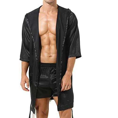 ranrann Herren Satin Pyjama Schlafanzug Kurz/Lang Bademantel Morgenmantel mit Gürtel Sexy Männer Nachthemd Sommer Erotik Nachtwäsche Schwarz C_Ohne Shorts XL von ranrann