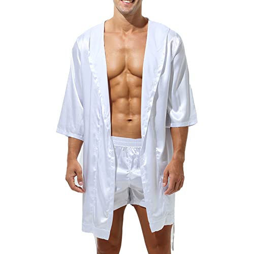 ranrann Herren Satin Pyjama Schlafanzug Kurz/Lang Bademantel Morgenmantel mit Gürtel Sexy Männer Nachthemd Sommer Erotik Nachtwäsche Weiß C_Ohne Shorts L von ranrann