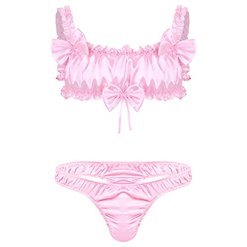 ranrann Herren Sissy Unterwäsche Erotik Dessous Set Bikini BH Oberteile+Jockstrap Shorts Satin Nachtwäsche Reizwäsche Party Clubwear M-XL Rosa_A L von ranrann