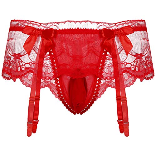 ranrann Herren Slip Strings Tanga Spitzen Unterhose Unterwäsche Bikini Trunks mit Strupmfhalter Transparent Männer Strapsen Lingerie Sissy Dessous Rot One Size von ranrann