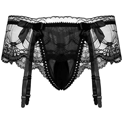 ranrann Herren Slip Strings Tanga Spitzen Unterhose Unterwäsche Bikini Trunks mit Strupmfhalter Transparent Männer Strapsen Lingerie Sissy Dessous Schwarz One Size von ranrann