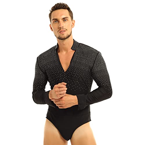 ranrann Herren Tanz Top Shirt Glitzernde Hemdbody Trikot Langarm mit V-Ausschnitt Tanzbekleidung Training Auftritt für Latein Tango Rumba Schwarz Large von ranrann