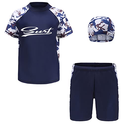 ranrann Jungen 3tlg. Badeanzug Set Bademode Schwimmanzug Kurzarm Oberteil Tops Schwimmshorts mit Badekappe Kinder Sommer Badebekleidung Camouflage Blau 152-158/12-13 Jahre von ranrann