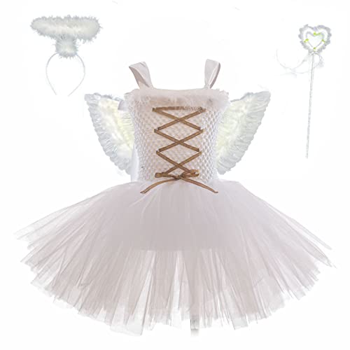 ranrann Kinder Engelkostüm Mädchen Prinzessin Kleider mit Engelsflügel Heiligenschein Zauberstab Fasching Karneval Mottoparty Kostüm Weiß 92-98/2-3 Jahre von ranrann