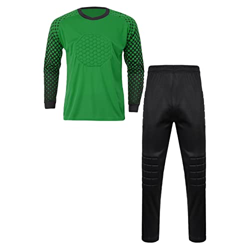 ranrann Kinder Fussball Torwarttrikot Set Gepolstert Sportanzug Langarm Trikot Shirt Lange Sporthose Jungen Sportwear A Grün 134-140/9-10 Jahre von ranrann