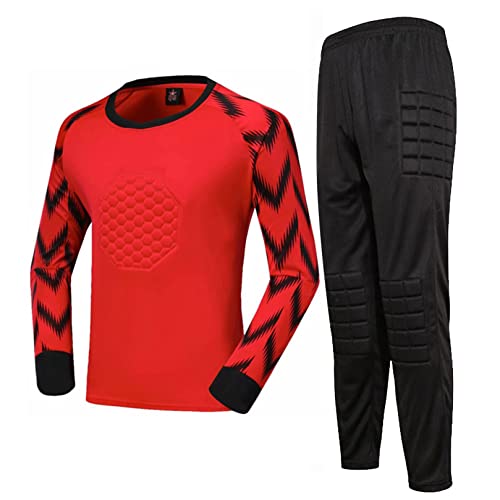 ranrann Kinder Fussball Torwarttrikot Set Gepolstert Sportanzug Langarm Trikot Shirt Lange Sporthose Jungen Sportwear C Rot 140-146/10-11 Jahre von ranrann