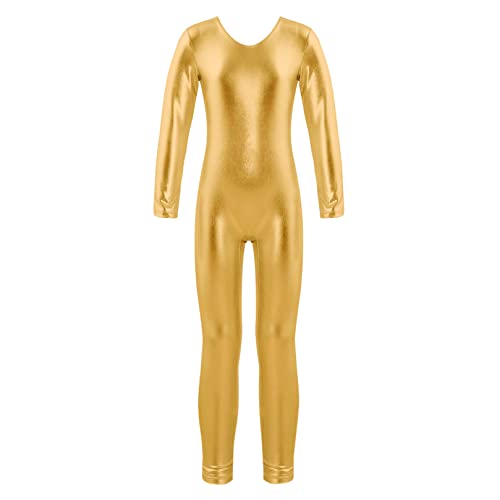 ranrann Kinder Mädchen Jungen Gymnastikanzug Langarm Body Bodysuit Overall Sport Ballett Trikot Tanz Leotard Ganzkörperanzug Einteiler Ballettanzug Turnanzug Gold_Metallic 140/10 Jahre von ranrann