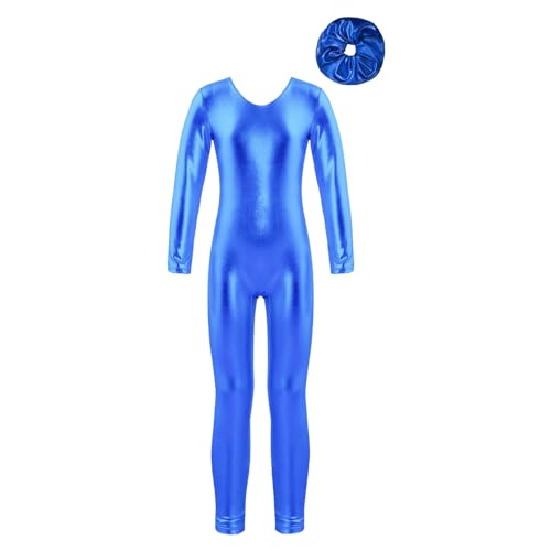 ranrann Kinder Mädchen Jungen Gymnastikanzug Langarm Body Bodysuit Overall Sport Ballett Trikot Tanz Leotard Ganzkörperanzug Einteiler Ballettanzug Turnanzug Royal Blau_Metallic mit Haargummi 134-140 von ranrann