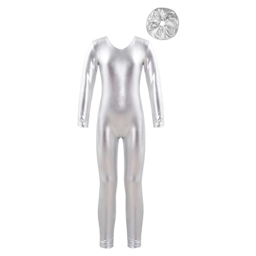 ranrann Kinder Mädchen Jungen Gymnastikanzug Langarm Body Bodysuit Overall Sport Ballett Trikot Tanz Leotard Ganzkörperanzug Einteiler Ballettanzug Turnanzug Silber_Metallic mit Haargummi 146-152 von ranrann