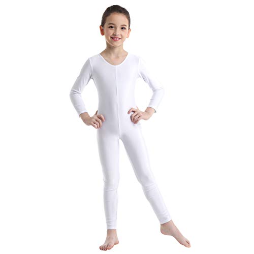 ranrann Kinder Mädchen Jungen Gymnastikanzug Langarm Body Bodysuit Overall Sport Ballett Trikot Tanz Leotard Ganzkörperanzug Einteiler Ballettanzug Turnanzug Weiß 110-116/5-6 Jahre von ranrann