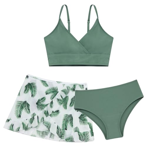 ranrann Mädchen 3tlg. Bikini Tankini Set Badeanzug Sommer Swimwear Bademode Tank Top Badehose mit Rock Kinder Badekleidung A Grün 140-146 von ranrann