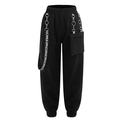 ranrann Mädchen Baggy Hose Cargohose Freizeithose Hip Hop Hose mit Gummizug Lange Pants Loose Fit Kinder Teenager Streetwear A Schwarz 122-128/7-8 Jahre von ranrann