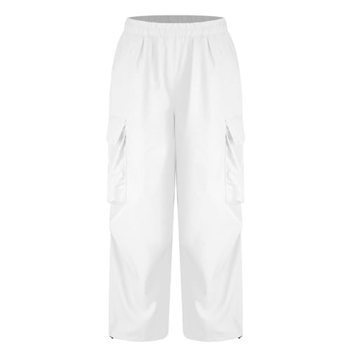 ranrann Mädchen Baggy Hose Cargohose Freizeithose Hip Hop Hose mit Gummizug Lange Pants Loose Fit Kinder Teenager Streetwear F Weiß 110-116 von ranrann