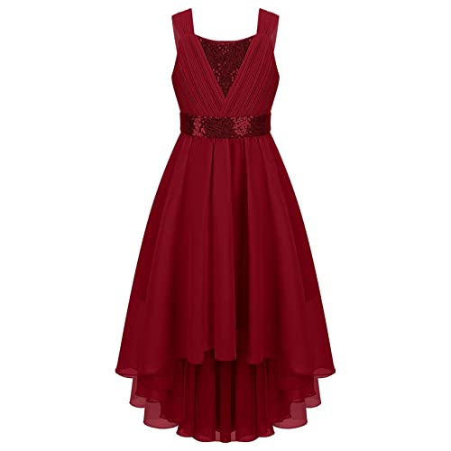 ranrann Mädchen Blumenmädchen Kleid Elegant Vokuhila Kleid Ärmellos Chiffon Partykleid mit Glitern Bowknot Festlich Hochzeit Geburtstag Kleidung Burgundy 158-164/13-14 Jahre von ranrann