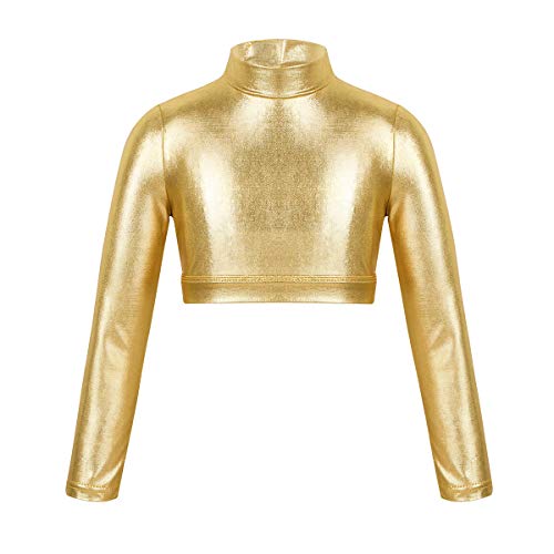 ranrann Mädchen Crop Top Glänend Oberteil Kurz Shirt Langarm T-Shirt Bauchfrei mit Stehkragen Kinder Tanz Ballett Sport Gymnastik Turnanzug Gr. 110-164 Gold 122-128/7-8 Jahre von ranrann