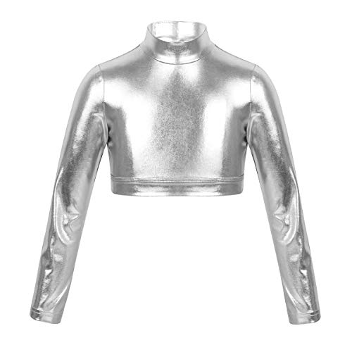 ranrann Mädchen Crop Top Glänend Oberteil Kurz Shirt Langarm T-Shirt Bauchfrei mit Stehkragen Kinder Tanz Ballett Sport Gymnastik Turnanzug Gr. 110-164 Silber 134-140/9-10 Jahre von ranrann