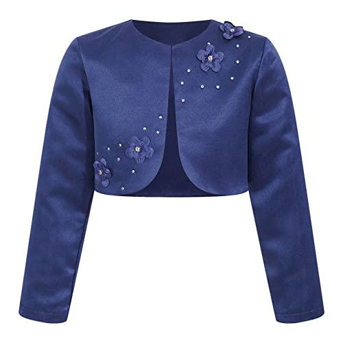 ranrann Mädchen Festlich Bolero Cardigan Jacke Strickjacke Schulterjacke Satin Jäckchen Langarm Zum Kommunionkleid Hochzeit Party Taufe Marineblau D 98-104 von ranrann