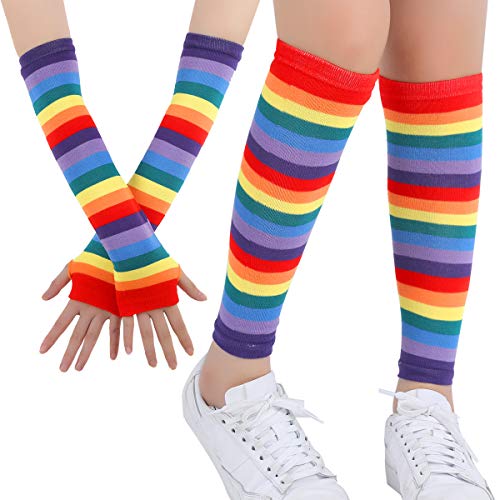 ranrann Mädchen Frauen Gestreifte Kniestrümpfe Handschuhe Regenbogen Bunte Socken Armstulpen Kostüm Zubehör für Fasching Party Beinstulpen&Handschuhe_Regenbogen One Size von ranrann