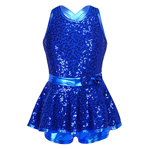 ranrann Mädchen Glitzer Ballettanzug Einteiler Tanzkleid mit eingebautem Shorts Pailletten Trikot Kostüm Rückenfrei für Unterricht Performance Show Royal Blau 122-128/7-8 Jahre von ranrann